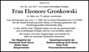 Traueranzeige von Eleonore Gronkowski von Rüsselsheimer Echo, Groß-Gerauer-Echo, Ried Echo