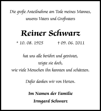 Traueranzeige von Reiner Schwarz von Darmstädter Echo, Odenwälder Echo, Rüsselsheimer Echo, Groß-Gerauer-Echo, Ried Echo