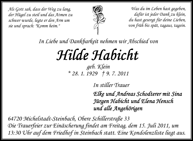  Traueranzeige für Hilde Habicht vom 13.07.2011 aus Odenwälder Echo