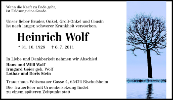 Traueranzeige von Heinrich Wolf  von Rüsselsheimer Echo, Groß-Gerauer-Echo, Ried Echo