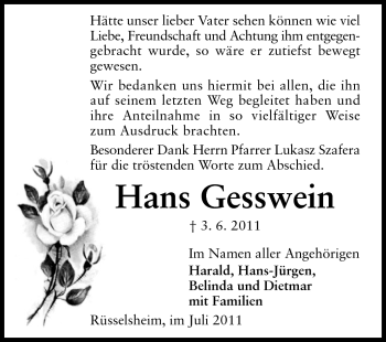 Traueranzeige von Hans Gesswein von Rüsselsheimer Echo, Groß-Gerauer-Echo, Ried Echo