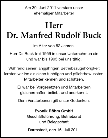 Traueranzeige von Manfred Rudolf Buck von Echo-Zeitungen (Gesamtausgabe)