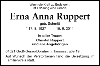 Traueranzeige von Erna Anna Ruppert von Rüsselsheimer Echo, Groß-Gerauer-Echo, Ried Echo