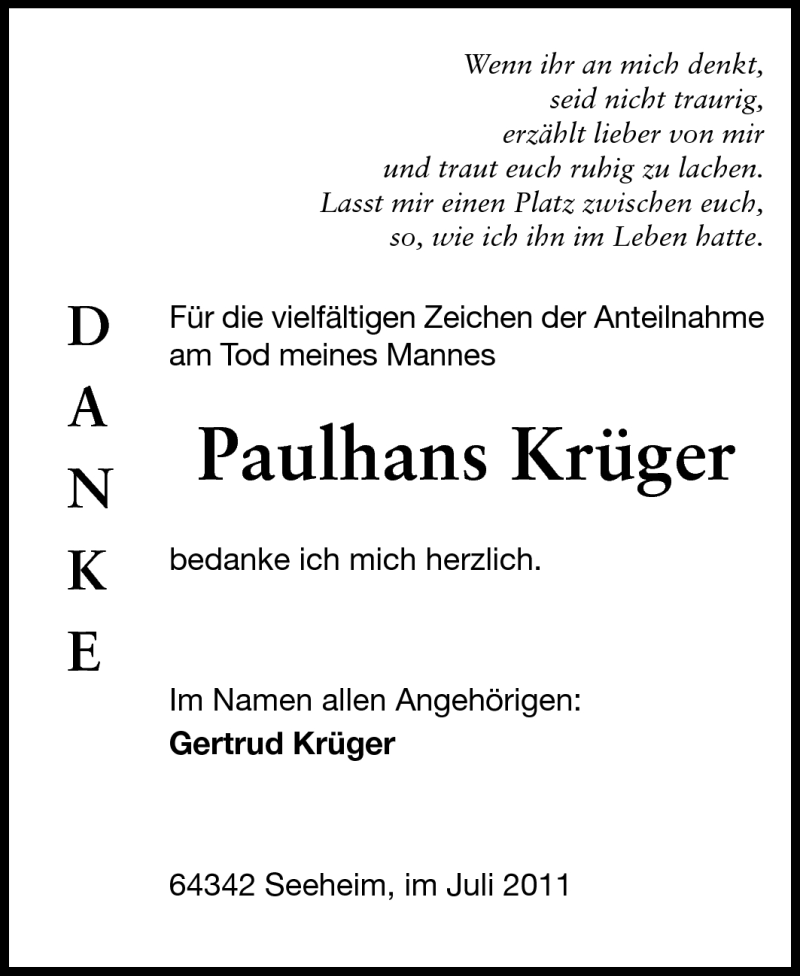  Traueranzeige für Paulhans Krüger vom 16.07.2011 aus Echo-Zeitungen (Gesamtausgabe)