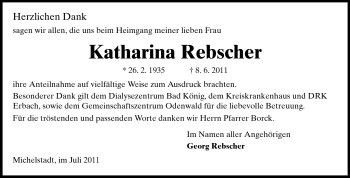Traueranzeige von Katharina Rebscher von Odenwälder Echo