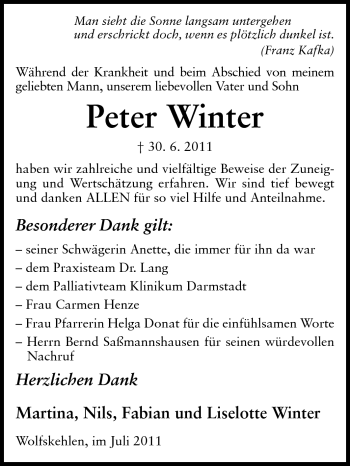 Traueranzeige von Peter Winter von Rüsselsheimer Echo, Groß-Gerauer-Echo, Ried Echo