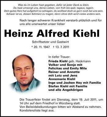 Traueranzeige von Heinz Alfred Kiehl von Odenwälder Echo