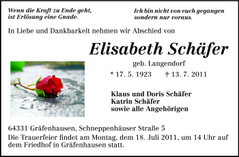 Traueranzeige von Elisabeth Schäfer von Echo-Zeitungen (Gesamtausgabe)