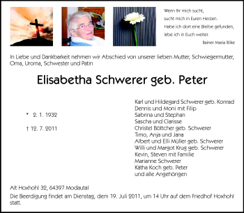 Traueranzeige von Elisabetha Schwerer von Echo-Zeitungen (Gesamtausgabe)