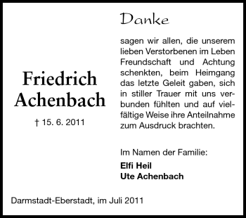 Traueranzeige von Friedrich Achenbach von Echo-Zeitungen (Gesamtausgabe)