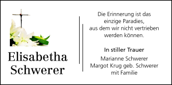 Traueranzeige von Elisabetha Schwerer von Darmstädter Echo, Odenwälder Echo, Rüsselsheimer Echo, Groß-Gerauer-Echo, Ried Echo