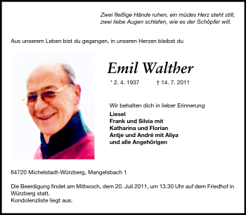 Traueranzeige von Emil Walther von Odenwälder Echo