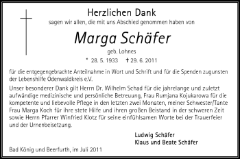 Traueranzeige von Marga Schäfer von Odenwälder Echo