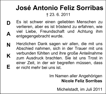 Traueranzeige von José Antonio Feliz Sorribas von Odenwälder Echo