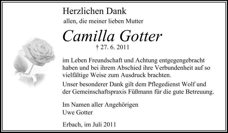  Traueranzeige für Camilla Gotter vom 18.07.2011 aus Odenwälder Echo