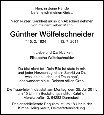 Traueranzeige von Günther Wölfelschneider von Darmstädter Echo, Odenwälder Echo, Rüsselsheimer Echo, Groß-Gerauer-Echo, Ried Echo