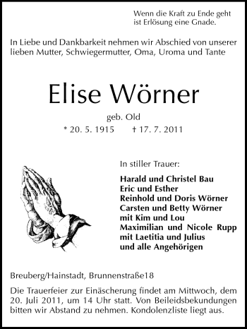 Traueranzeige von Elise Wörner von Odenwälder Echo