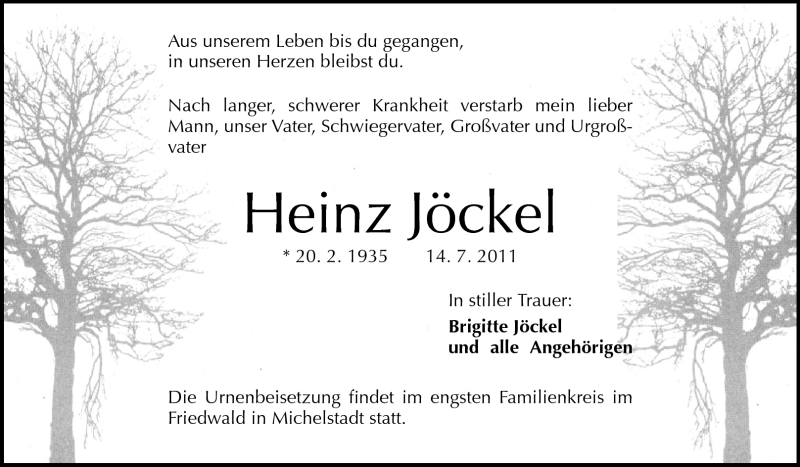  Traueranzeige für Heinz Jöckel vom 20.07.2011 aus Odenwälder Echo
