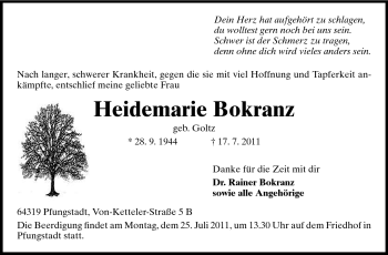 Traueranzeige von Heidemarie Bokranz von Echo-Zeitungen (Gesamtausgabe)