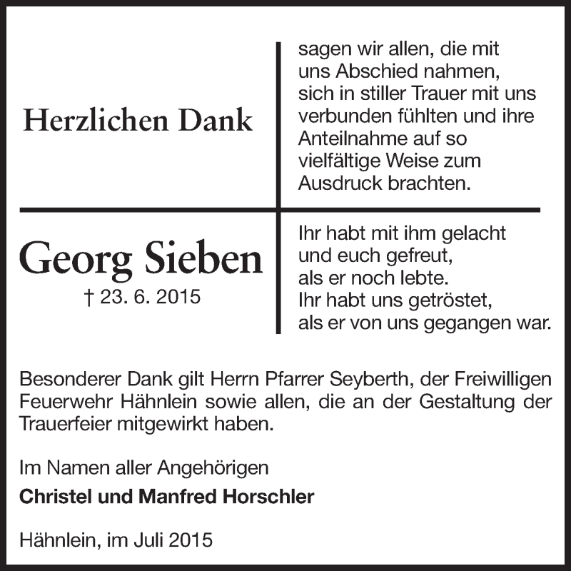  Traueranzeige für Georg Sieben vom 18.07.2015 aus Echo-Zeitungen (Gesamtausgabe)