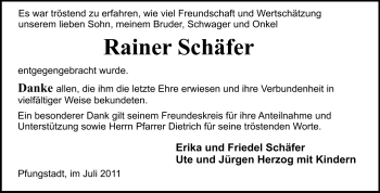 Traueranzeige von Rainer Schäfer von Echo-Zeitungen (Gesamtausgabe)