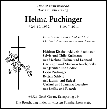 Traueranzeige von Helma Puchinger von Rüsselsheimer Echo, Groß-Gerauer-Echo, Ried Echo