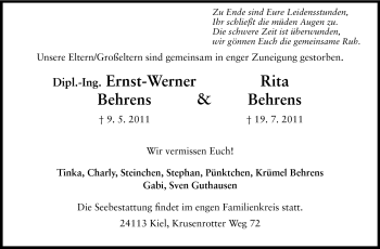 Traueranzeige von Ernst-Werner und Rita Behrens von Echo-Zeitungen (Gesamtausgabe)