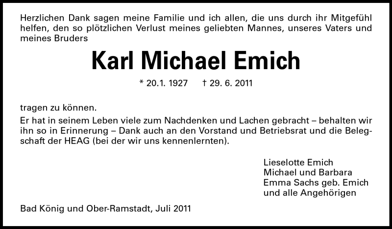  Traueranzeige für Karl Michael Emich vom 23.07.2011 aus Echo-Zeitungen (Gesamtausgabe)