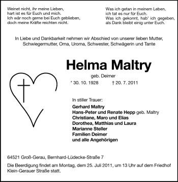 Traueranzeige von Helma Maltry von Rüsselsheimer Echo, Groß-Gerauer-Echo, Ried Echo