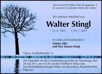 Traueranzeige von Walter Stingl von Rüsselsheimer Echo, Groß-Gerauer-Echo, Ried Echo
