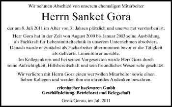 Traueranzeige von Sanket Gora von Rüsselsheimer Echo, Groß-Gerauer-Echo, Ried Echo