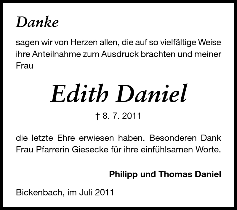  Traueranzeige für Edtih Daniel vom 30.07.2011 aus Echo-Zeitungen (Gesamtausgabe)