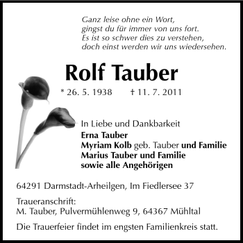 Traueranzeige von Rolf Tauber von Echo-Zeitungen (Gesamtausgabe)
