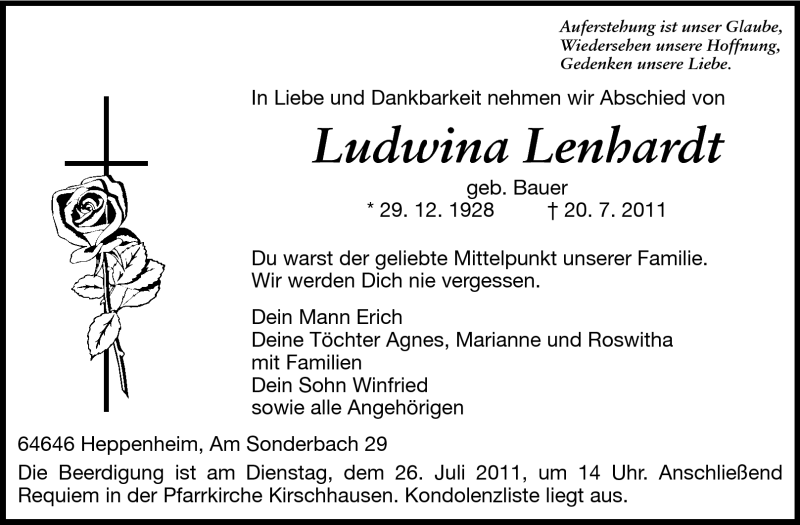  Traueranzeige für Ludwina Lenhardt vom 23.07.2011 aus Starkenburger Echo