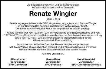 Traueranzeige von Renate Wingler von Echo-Zeitungen (Gesamtausgabe)