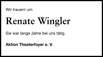 Traueranzeige von Renate Wingler von Echo-Zeitungen (Gesamtausgabe)