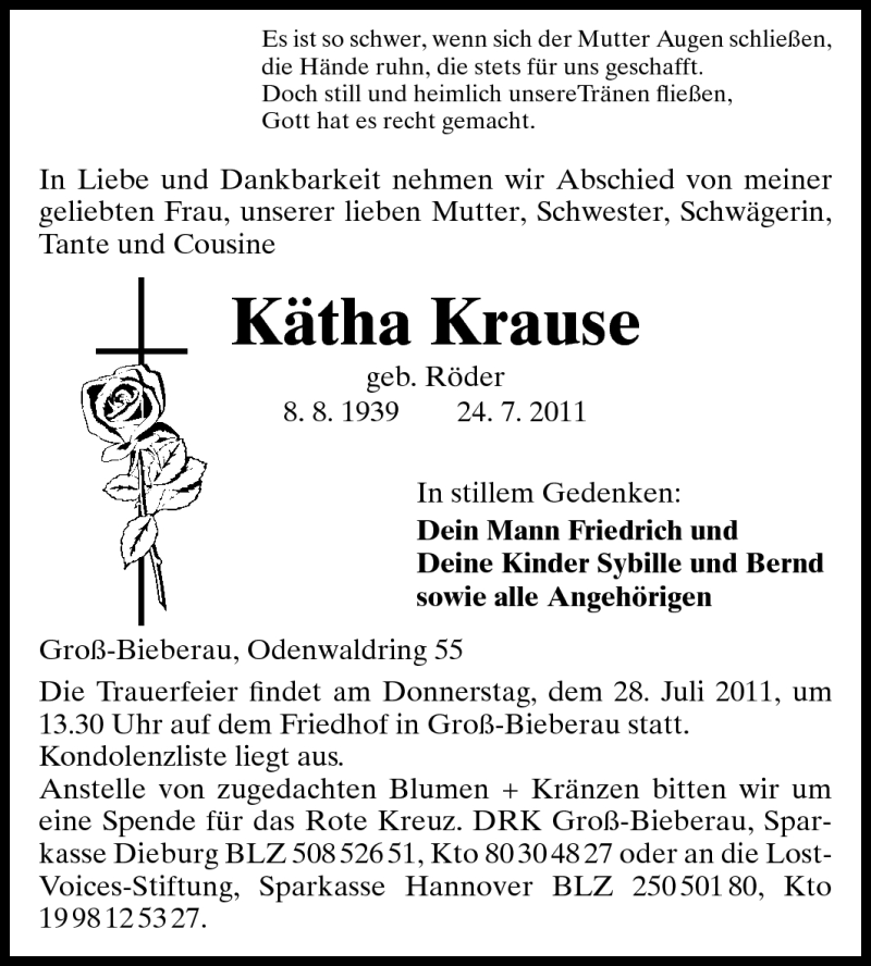  Traueranzeige für Kätha Krause vom 27.07.2011 aus Darmstädter Echo, Odenwälder Echo, Rüsselsheimer Echo, Groß-Gerauer-Echo, Ried Echo