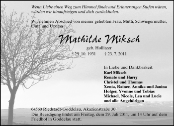 Traueranzeige von Mathilde Miksch von Rüsselsheimer Echo, Groß-Gerauer-Echo, Ried Echo