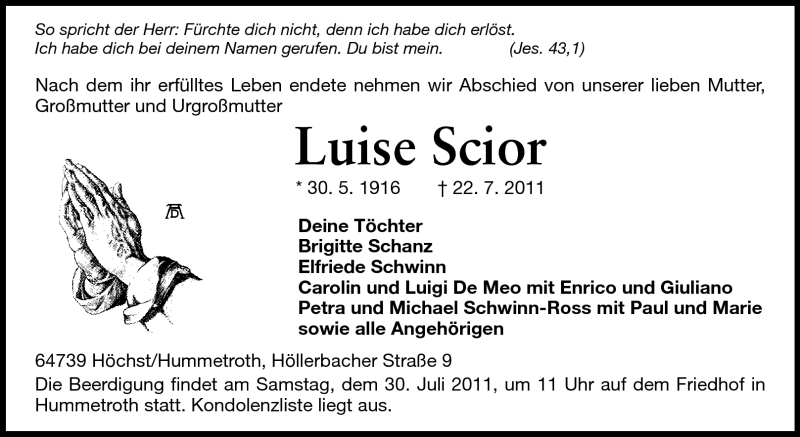  Traueranzeige für Luise Scior vom 28.07.2011 aus Odenwälder Echo