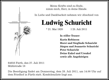 Traueranzeige von Ludwig Schuricht von Starkenburger Echo