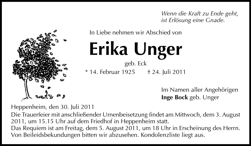  Traueranzeige für Erika Unger vom 30.07.2011 aus Starkenburger Echo