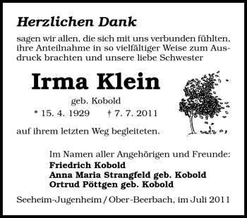 Traueranzeige von Irma Klein von Echo-Zeitungen (Gesamtausgabe)