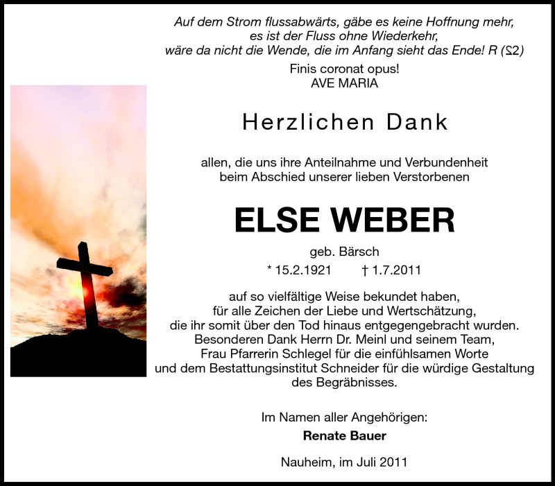  Traueranzeige für Else Weber vom 30.07.2011 aus Rüsselsheimer Echo, Groß-Gerauer-Echo, Ried Echo