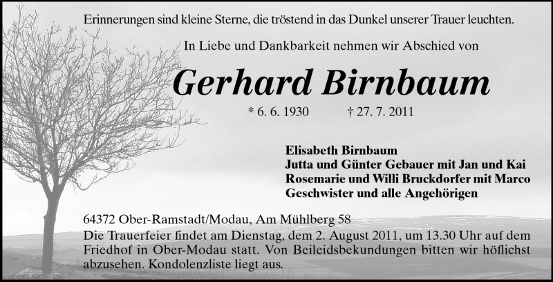  Traueranzeige für Gerhard Birnbaum vom 30.07.2011 aus Darmstädter Echo, Odenwälder Echo, Rüsselsheimer Echo, Groß-Gerauer-Echo, Ried Echo