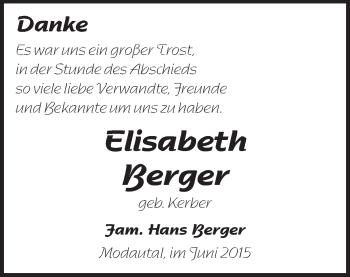 Traueranzeige von Elisabeth Berger von Echo-Zeitungen (Gesamtausgabe)