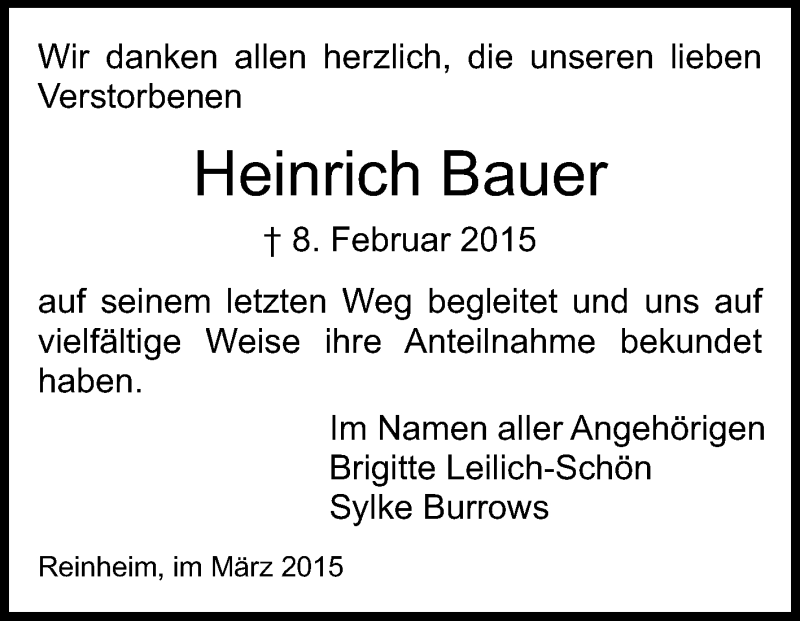  Traueranzeige für Heinrich Bauer vom 05.03.2015 aus Echo-Zeitungen (Gesamtausgabe)