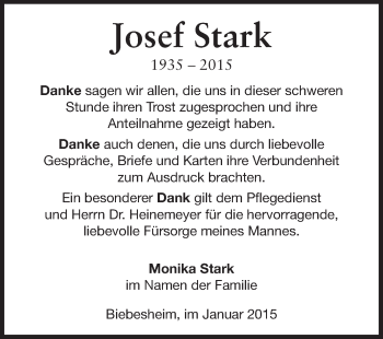 Traueranzeige von Josef Stark von Rüsselsheimer Echo, Groß-Gerauer-Echo, Ried Echo
