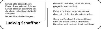 Traueranzeige von Ludwig Schaffner von Rüsselsheimer Echo, Groß-Gerauer-Echo, Ried Echo