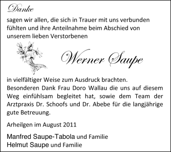 Traueranzeige von Werner Saupe von Echo-Zeitungen (Gesamtausgabe)