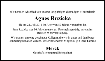 Traueranzeige von Agnes Ruzicka von Echo-Zeitungen (Gesamtausgabe)